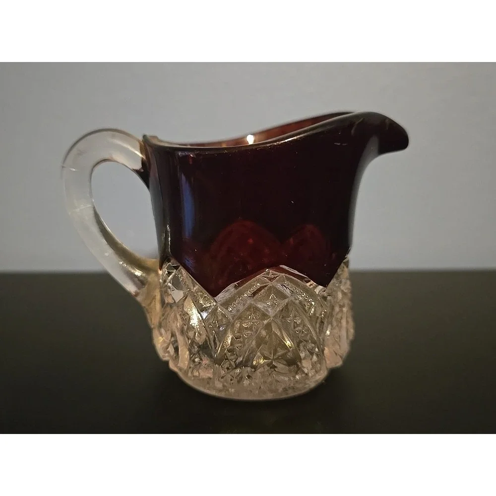 ANTIQUE EAPG GLASS CREAMER‎ RUBY DIAMOND FLASH RED TOP 2.5